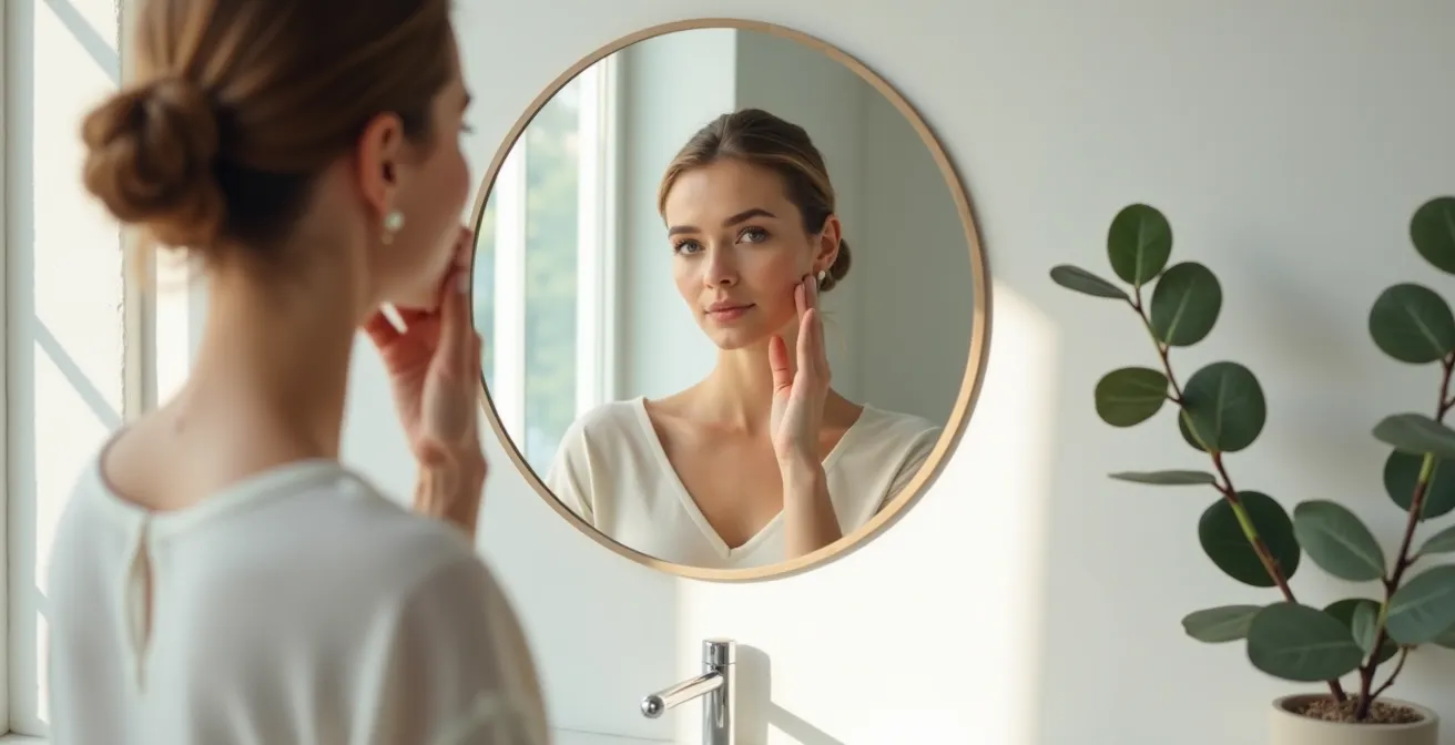 Femme observant sa peau dans un miroir, environnement minimaliste