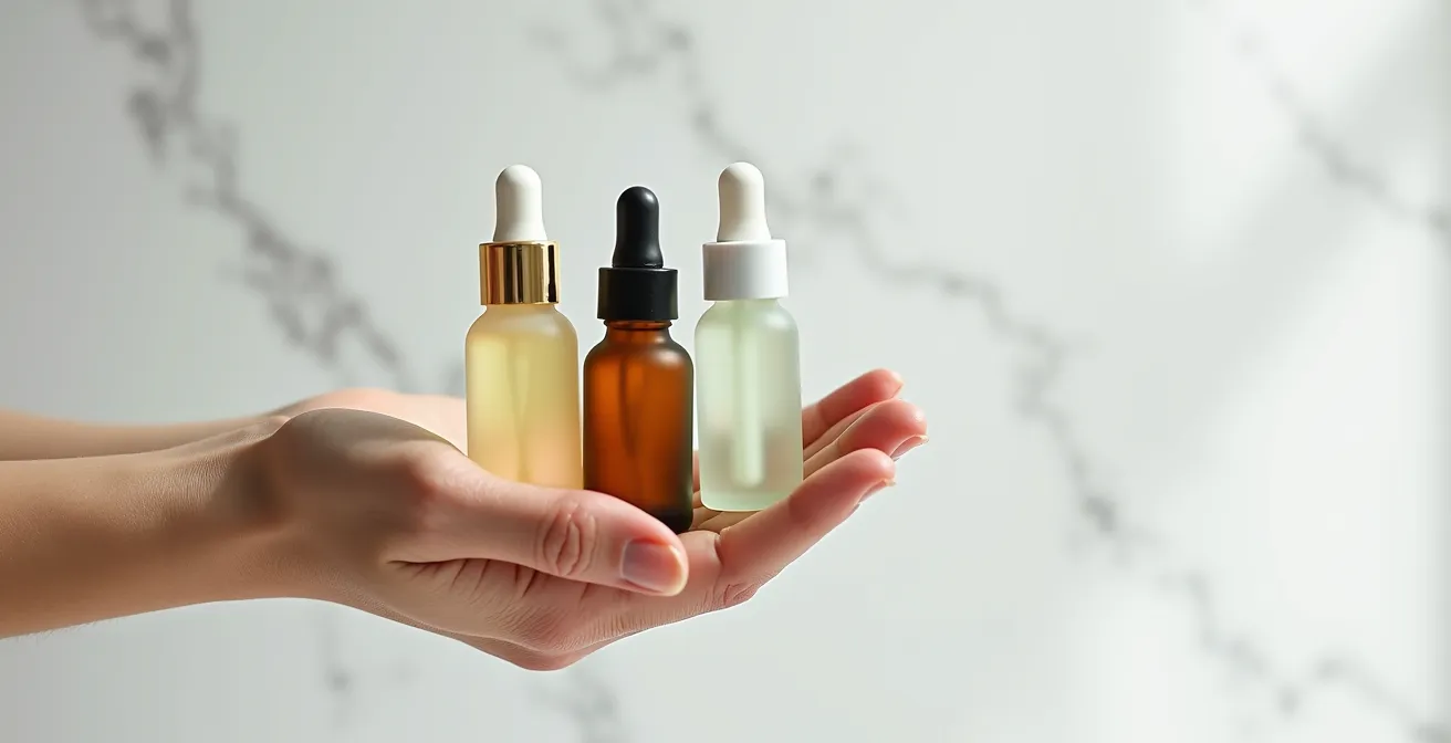 Main tenant trois flacons compte-gouttes de sérums cosmétiques transparents