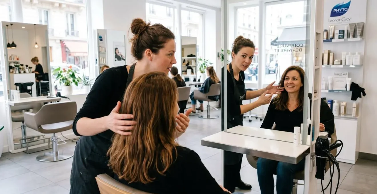 Coiffeur professionnel analysant la morphologie du visage d'une cliente dans un salon lumineux et contemporain
