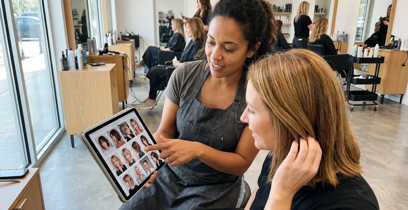 Coiffeur professionnel présentant des exemples de coupes sur tablette à une cliente dans un salon moderne
