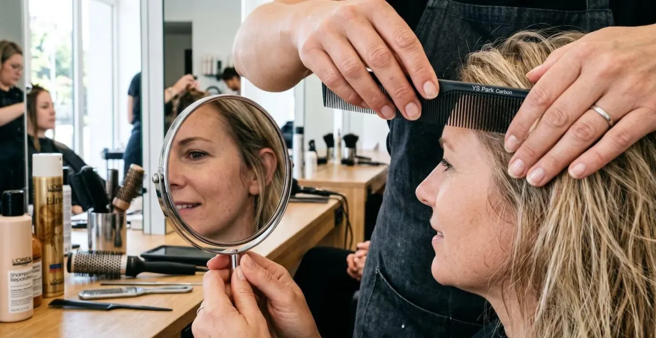 Gros plan des mains d'un professionnel tenant un peigne et un miroir lors d'une analyse capillaire en salon