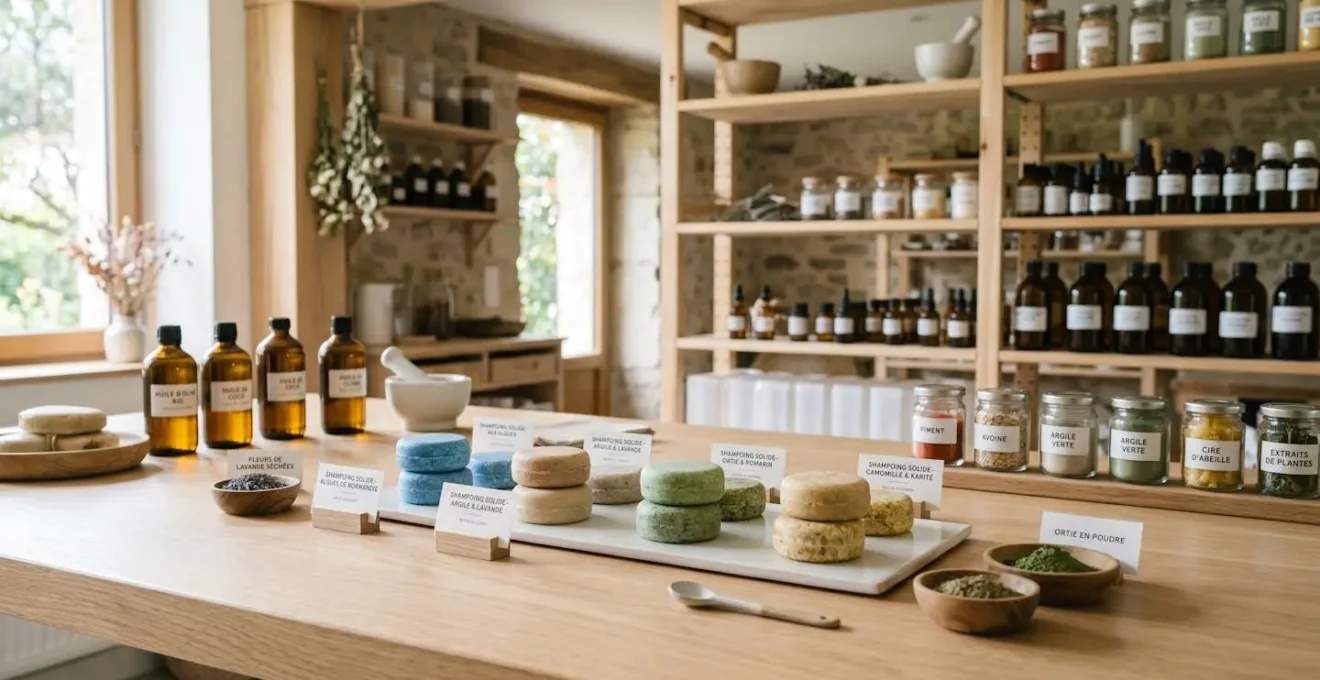 Atelier artisanal de fabrication de cosmétiques solides en Normandie avec galets de shampoings multicolores disposés sur établi en bois clair et étagères de matières premières naturelles en arrière-plan