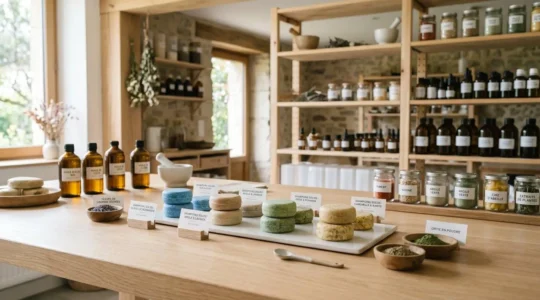 Atelier artisanal de fabrication de cosmétiques solides en Normandie avec galets de shampoings multicolores disposés sur établi en bois clair et étagères de matières premières naturelles en arrière-plan