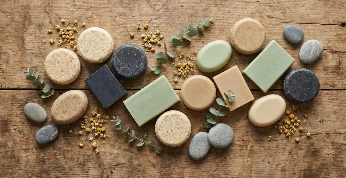 Assortiment de cosmétiques solides bio disposés sur une surface naturelle en bois avec des ingrédients botaniques