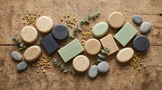 Assortiment de cosmétiques solides bio disposés sur une surface naturelle en bois avec des ingrédients botaniques
