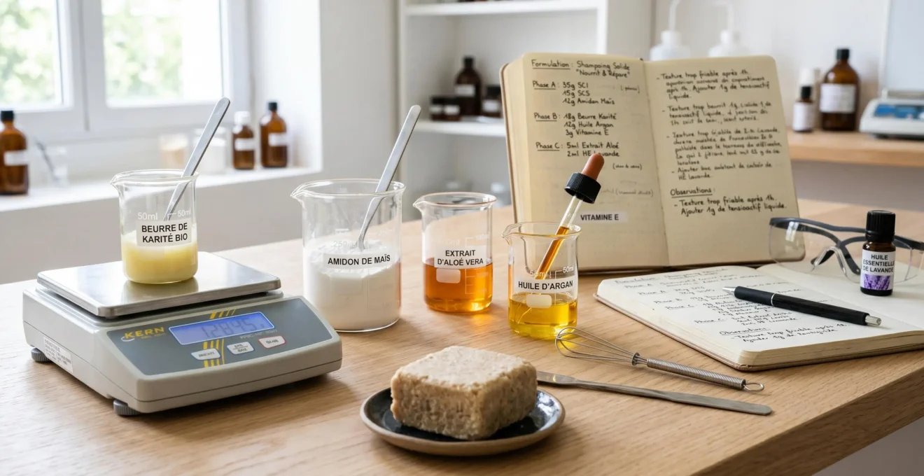 Espace de travail de formulateur cosmétique avec balance de précision, béchers en verre, matières premières et bloc de cosmétique solide en développement sur surface bois clair