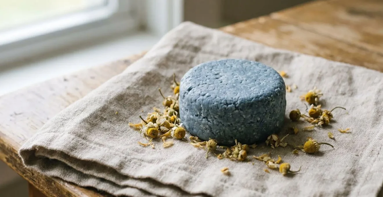 Shampoing solide artisanal bleu à la camomille posé sur une serviette en lin avec des fleurs de camomille séchées