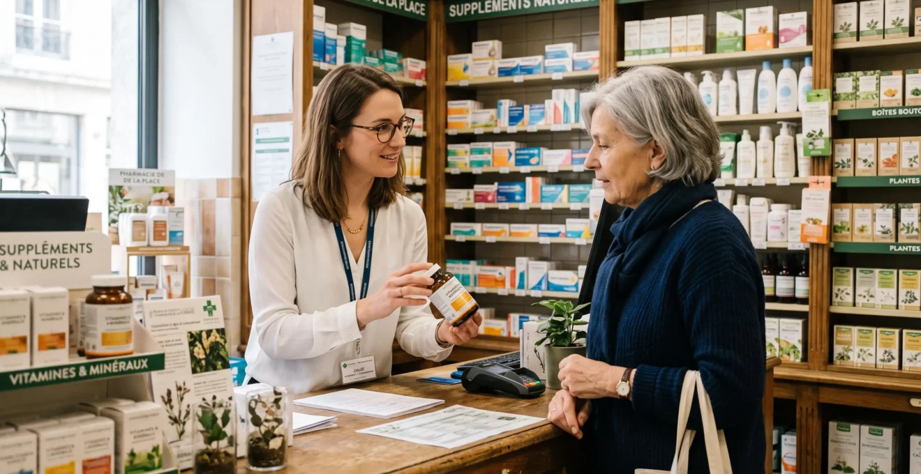 Pharmacist advising a client about dietary supplements during a consultation in a French pharmacy.