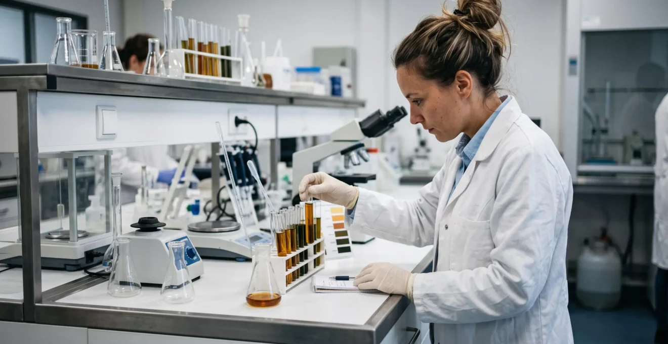 Laboratory technician analyzing Tribulus terrestris extract samples during quality control in a dietary supplement testing facility.