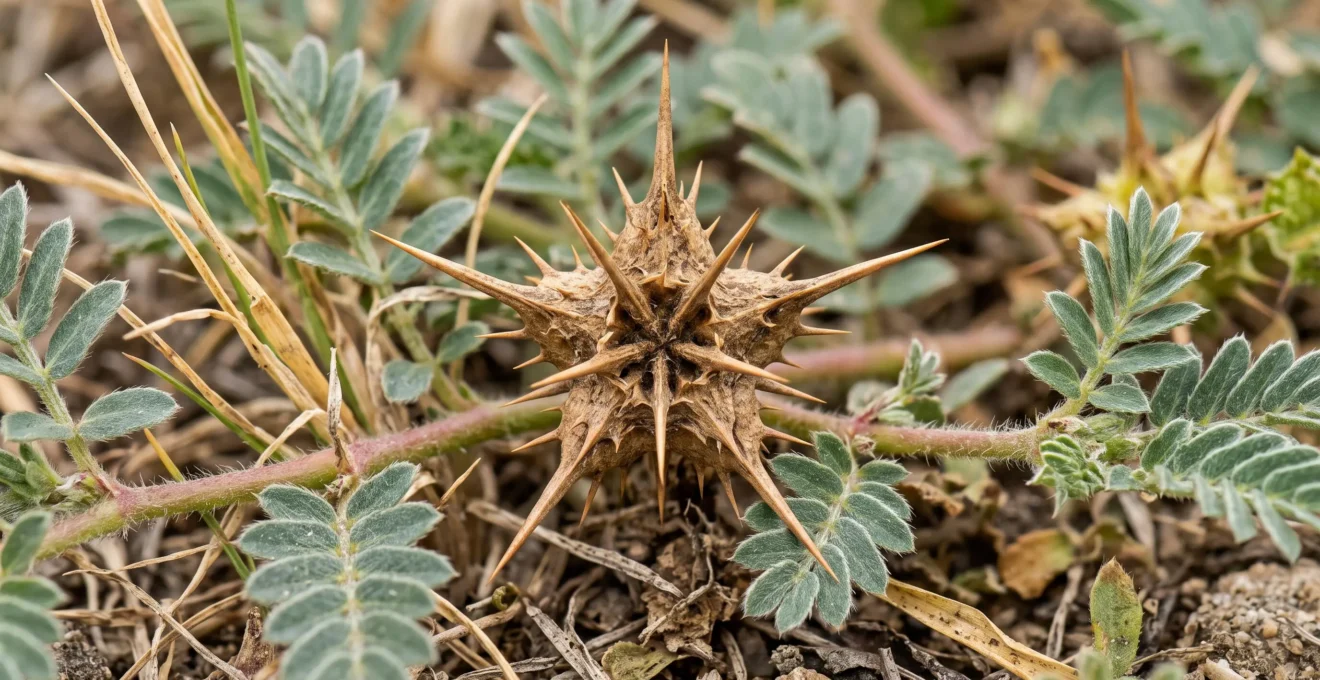 Close-up detail of a Tribulus terrestris spiny fruit showing the characteristic thorny seed pod structure and compound leaves.