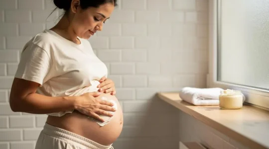 Une femme enceinte masse son ventre avec du beurre de karité dans une salle de bain lumineuse.