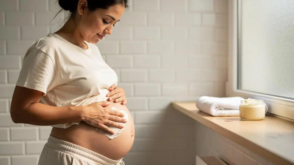 Une femme enceinte masse son ventre avec du beurre de karité dans une salle de bain lumineuse.