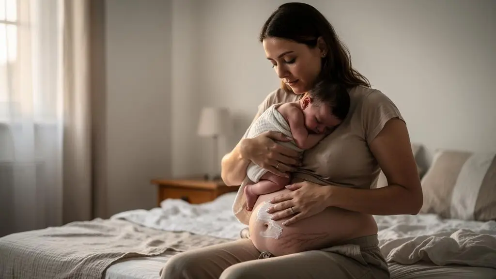 Une jeune maman tient son bébé contre elle tout en appliquant une crème hydratante sur son ventre.
