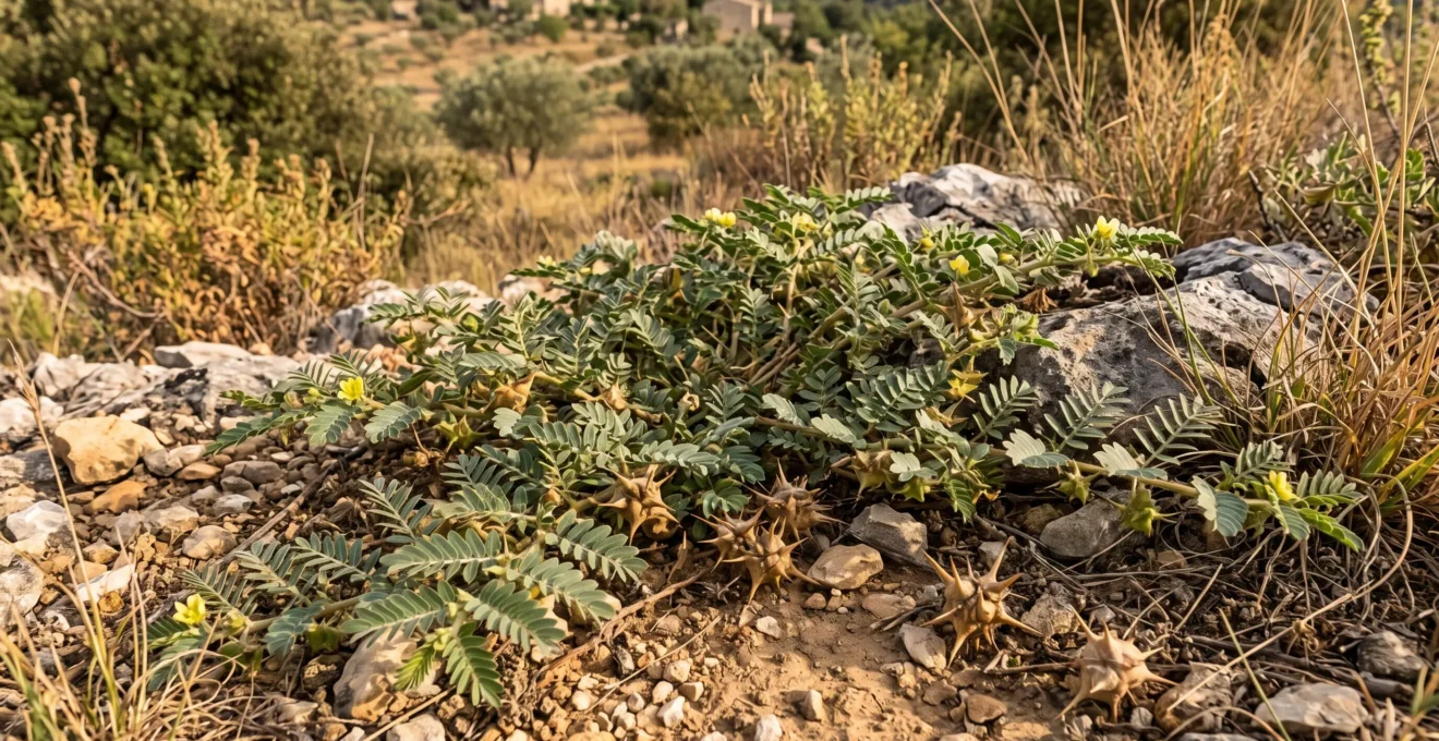 Tribulus terrestris plant with distinctive spiny fruits growing in its natural arid Mediterranean habitat in southern France.
