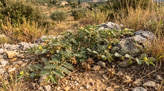 Tribulus terrestris plant with distinctive spiny fruits growing in its natural arid Mediterranean habitat in southern France.